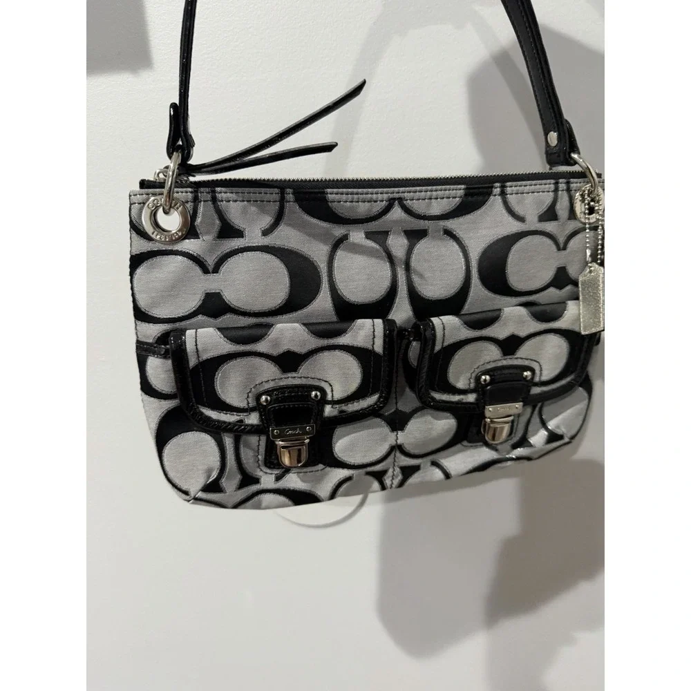 Coach Black & Gray Poppy Signature Sateen Shoulder Bag 18980 Purse F